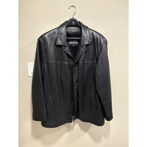 GUESS Mens Genuine Leather Jacket Black Button Front Heavy Coat Size XL